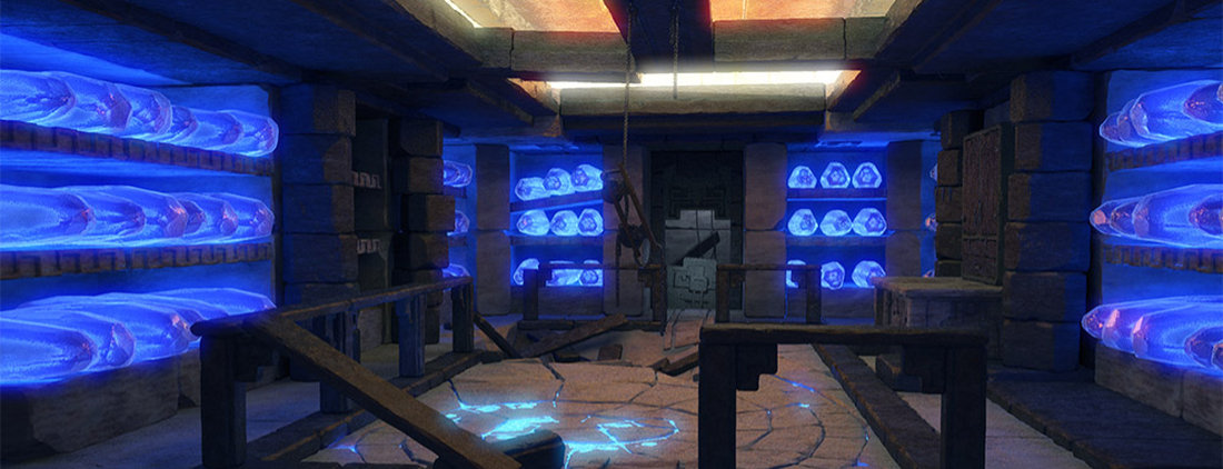 blue glowing sarcophagus in cocoon chamber scene