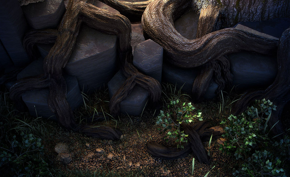 closeup scene of 3D tree roots and gravel