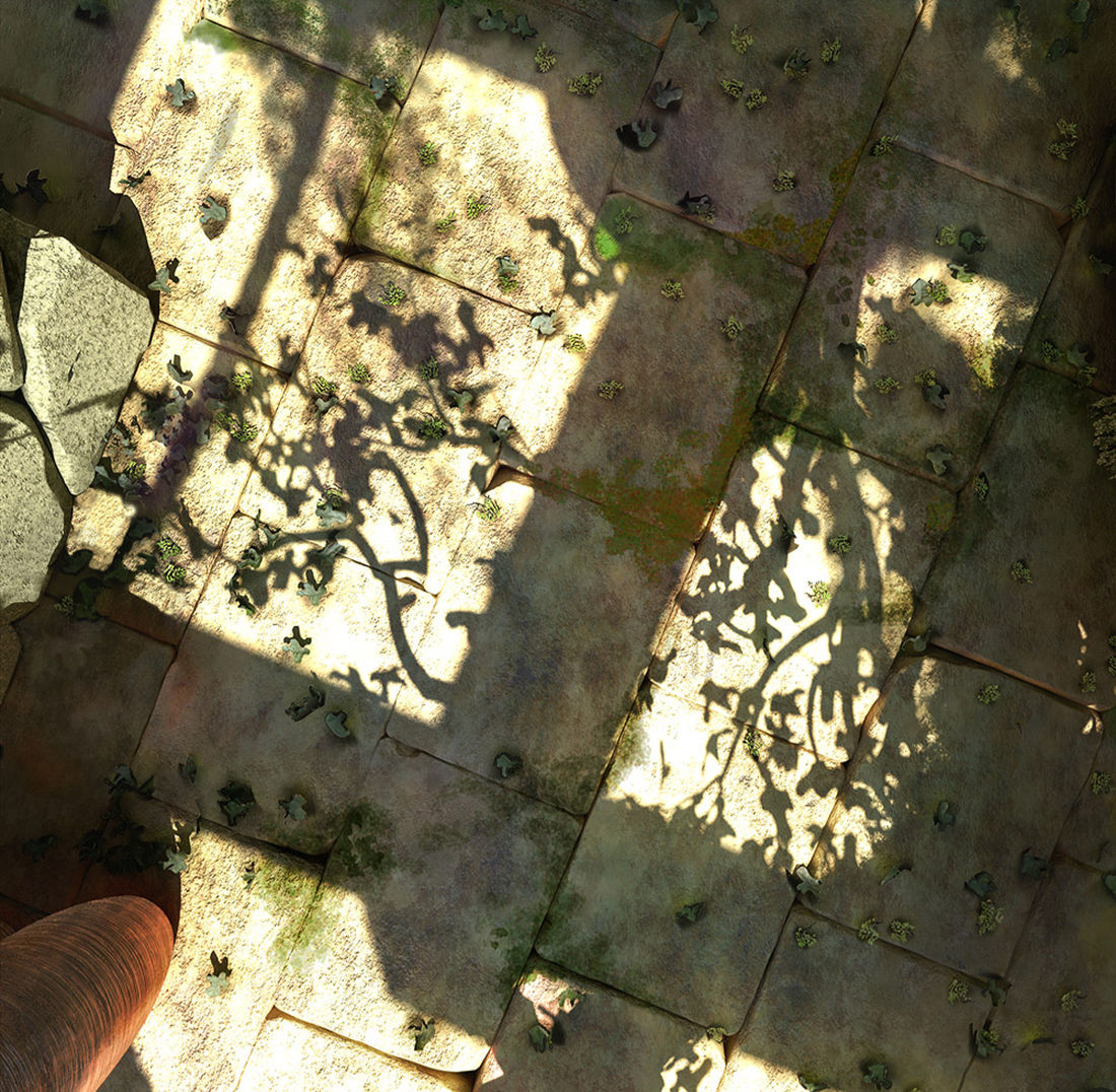 greenhouse floor, 3d leaves and procedural moss texture