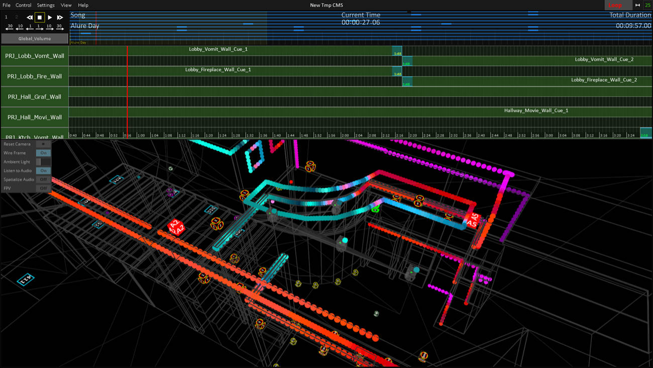 a screenshot of the CMS software, showing the timeline and 3d preview